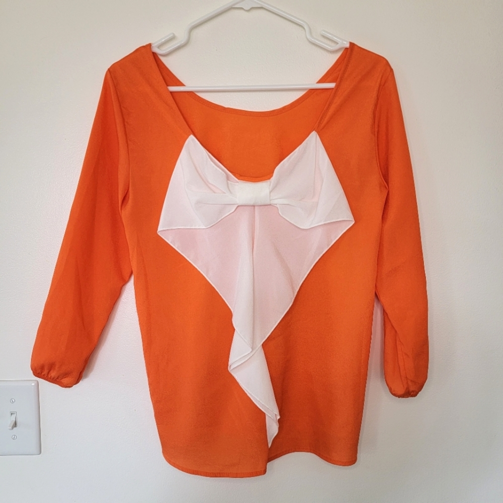 Pixi + Ivy silky orange blouse white bow on back Sz Sm UT Vols Tennessee GameDay